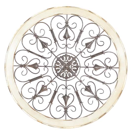 Cream & Brown Metal & Wood Round Wall Décor
